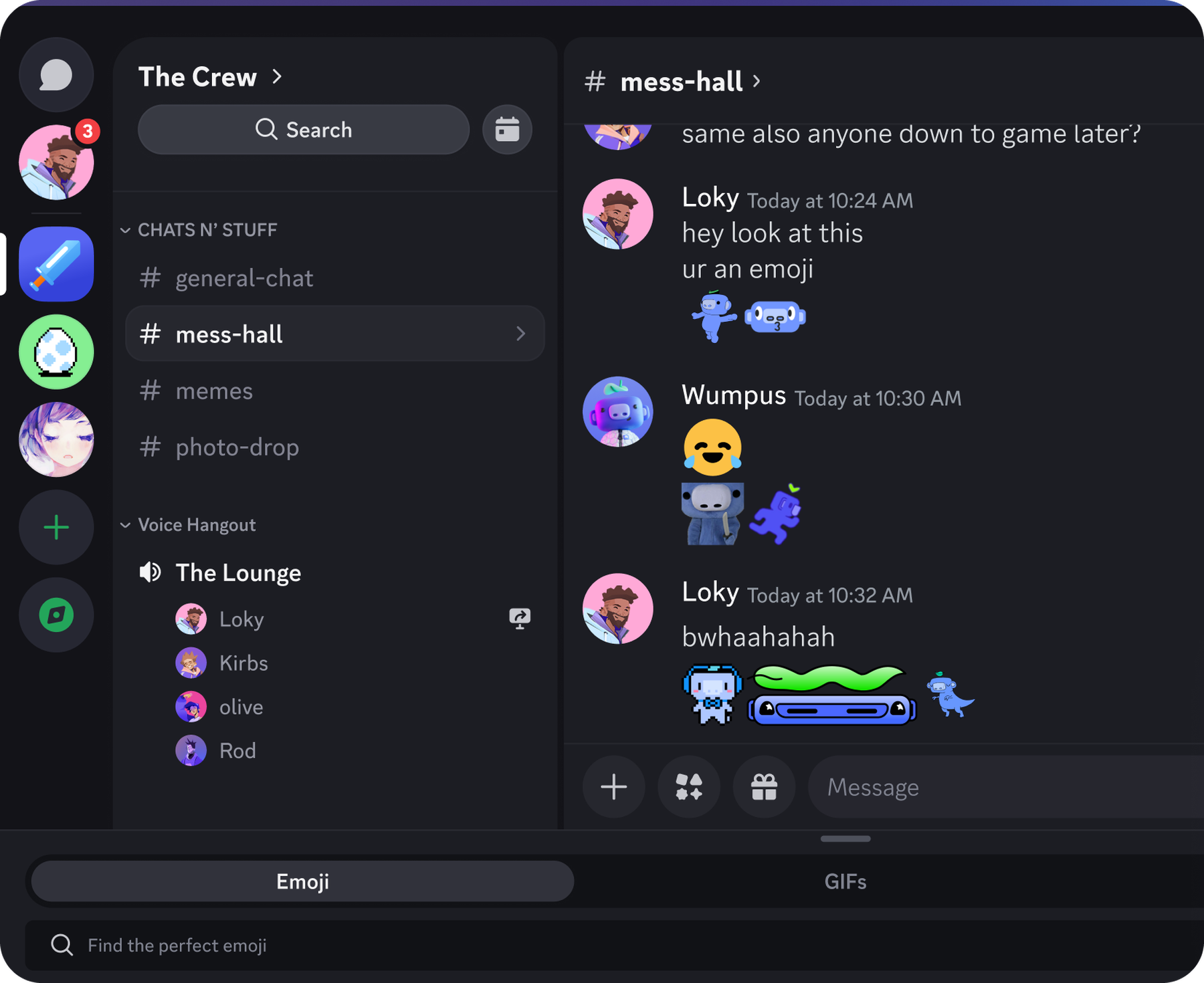 A Discord text channel where the group is chatting