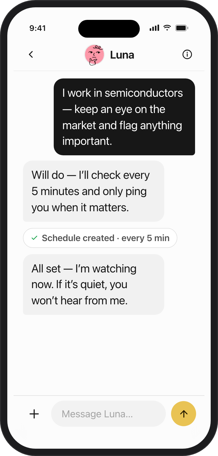 Moonwalk chat where agent Luna watches semiconductor news every 5 minutes