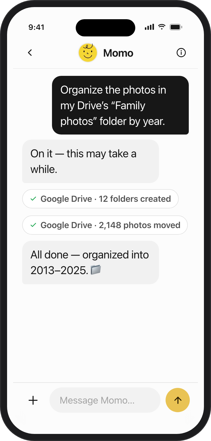 Moonwalk chat where agent Momo organizes Google Drive photos by year