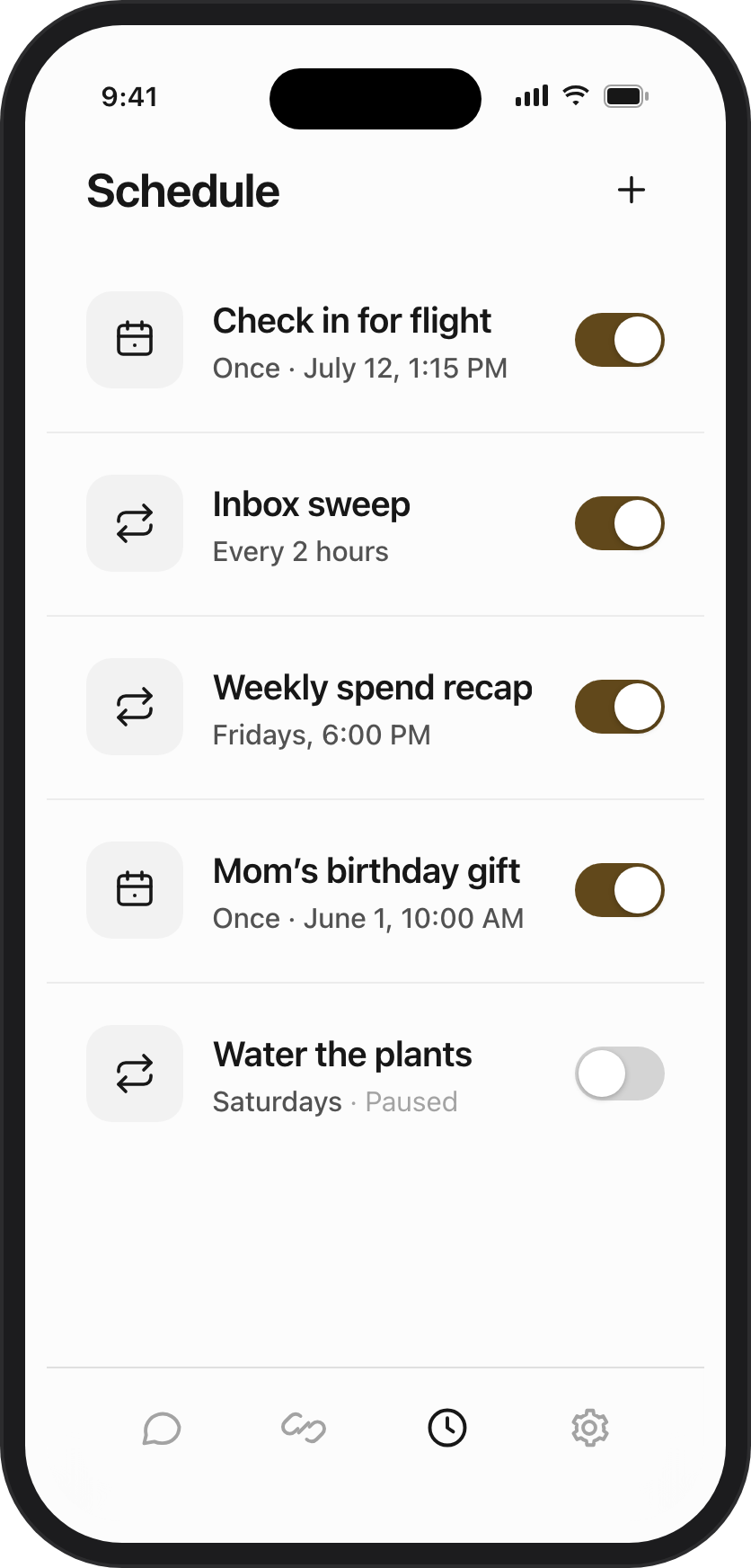 Moonwalk schedule screen showing recurring tasks the agent runs on its own